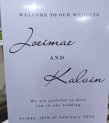 Custom Sintra board for Jocimae & Kalvin's wedding, welcoming note, February 16, 2024.
