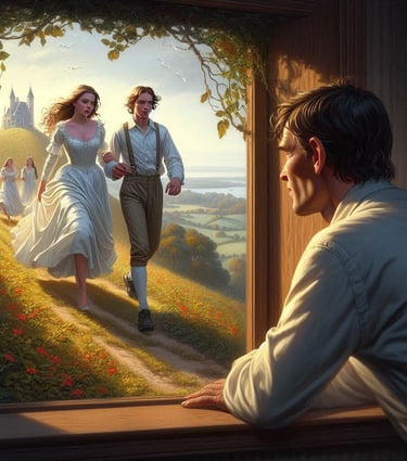 An AI image of a man inside a house staring out the window at a young male and female couple who walk hand in hand