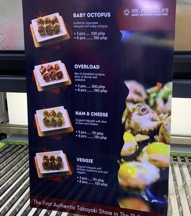Mr. Tentacles menu Sintra board, authentic Takoyaki varieties, first in Philippines.