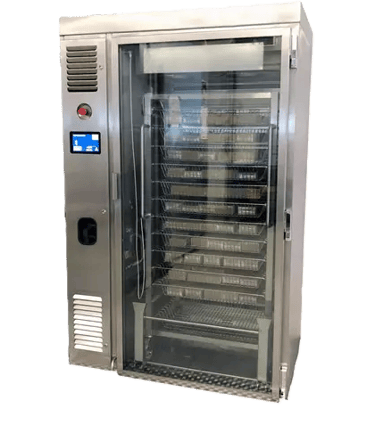 Commercial thawing cabinet with glass door and digital control panel.