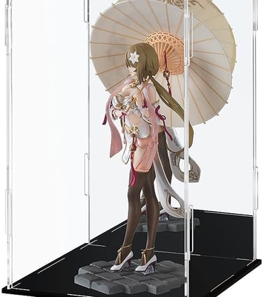 Anime figurine with umbrella in an acrylic display case.