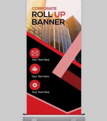 Corporate roll-up banner with urban backdrop and iconography.