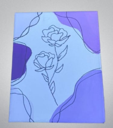 Blue canvas with purple accents and line-drawn roses.