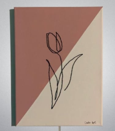 Modern abstract tulip line art on dual-tone canvas.