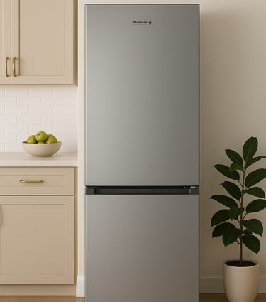 Blomberg stainless steel fridge in a beige kitchen with countertop and green apples.