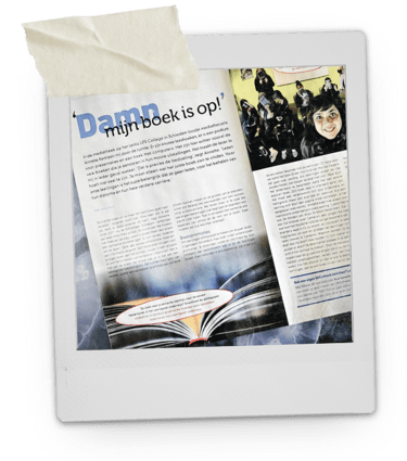 A polaroid-style photo of an open magazine article featuring a library and Dutch text about reading.