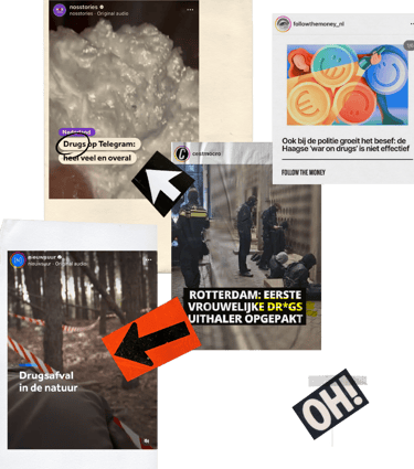 Collage van berichtgeving op social media over drugs met inconsistente censuur