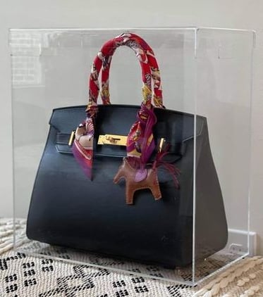 Designer bag in an acrylic display case on a sofa.