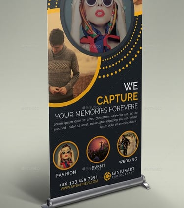 Stylish photography service banner with vibrant design and contact info.