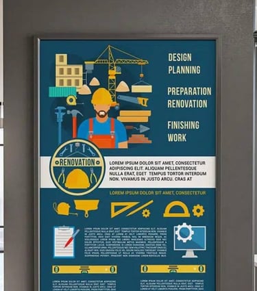 Informative construction and renovation services poster in large format.