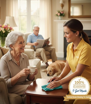 Professional maid cleaning a table for a happy senior woman in a tidy living room.