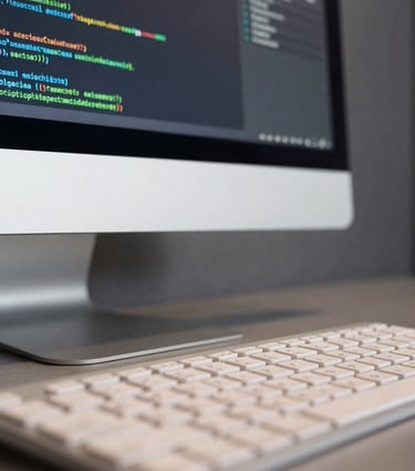 A close-up photograph of a professional workstation in a room with dark slate grey walls. Soft off-white light reflects off a high-end keyboard and a sleek, modern monitor showing lines of secure code.