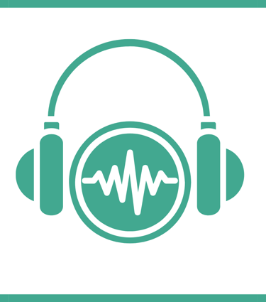 Teal headphones icon with a sound wave frequency symbol for audio and podcasting.