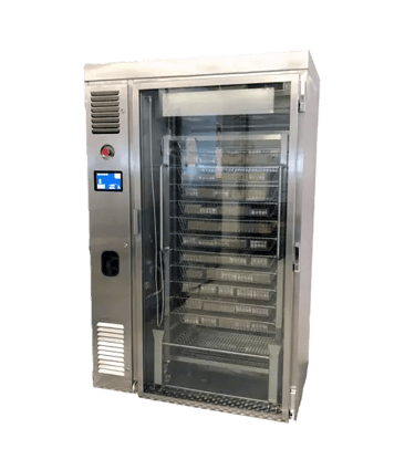 Commercial thawing cabinet with glass door and digital control panel.