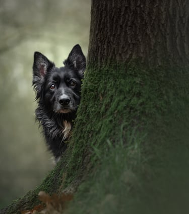 Black border collie dog peeking from behind a mossy tree pet photography in wakefield