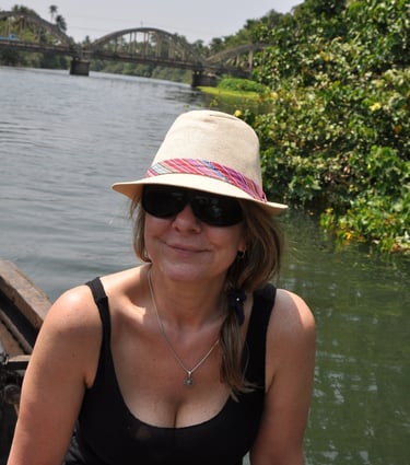 Tracey Billington n a boat in Kochi, Kerala, India