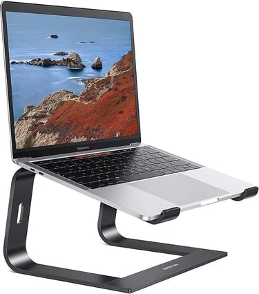 a laptop computer desk stand with a laptop on it