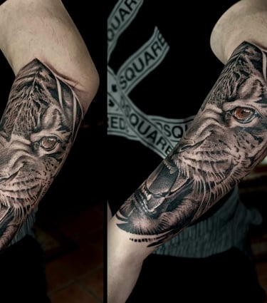 Realism tattoo of lion with detailed fur texture