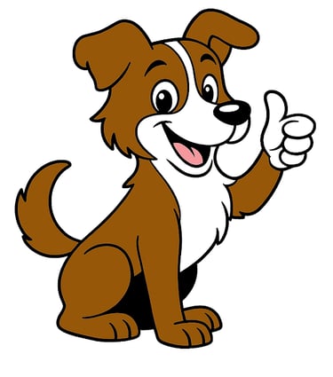 Scout the mascot, a brown and white dog giving a thumbs up and a smile