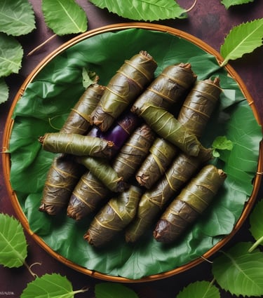  Armenian tolma wrapped in grape leaves, showcasing its vibrant green color.