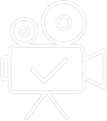 Ícone de câmera de cinema com check, representando gravação e direção de vídeos