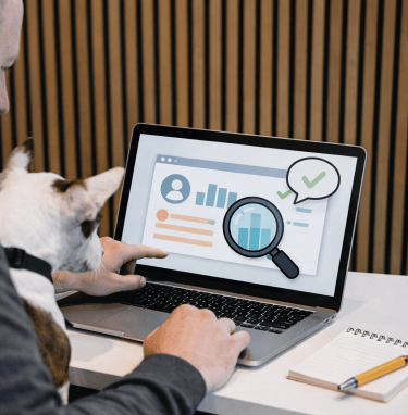 Mann erklärt Hund was am Laptop