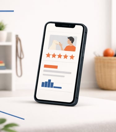 Handy mit einer geöffneten Homepage das ein Foto vom Hundetrainer zeigt und da unter 5 Sterne 