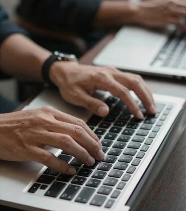 Detailed shot of hands working on a high-end laptop in a Southeast Asian / Indonesian professional environment, soft lighting.