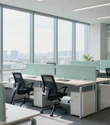 Bright modern corporate workspace, large windows with diffused daylight, clean desks, professional and calm environment, cool blue and sage green tones, 35mm