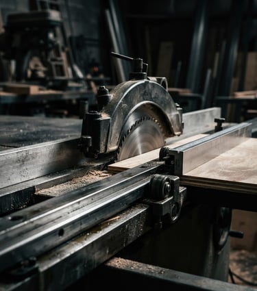 Close-up of heavy-duty steel guide rails and precise blade alignments of a panel saw in a workshop, dramatic lighting, 35mm lens