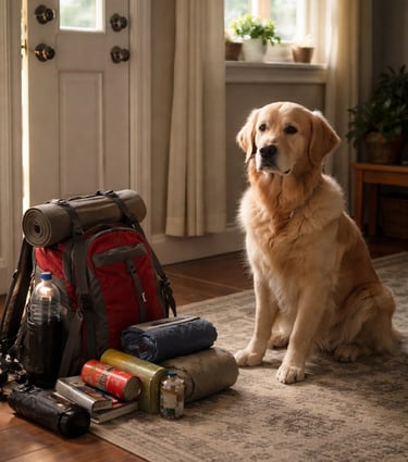 Golden Retriever sitting by a packed hiking backpack and camping gear near a home doorway.