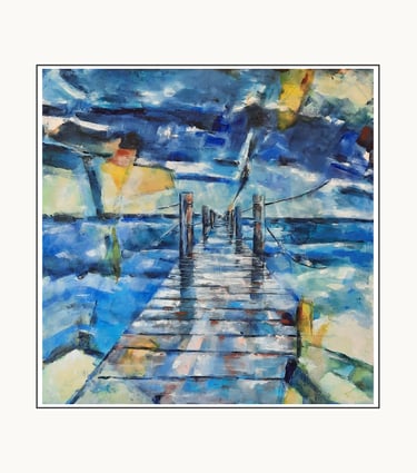 Bonne Terrasse by Coby Hurtak. Abstract painting of a wooden boardwalk extending into blue water.