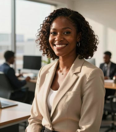 A professional Ghanaian woman smiling in a sunlit Accra office, warm natural West African daylight filtering through a window, medium close-up, modern collaborative workspace background.