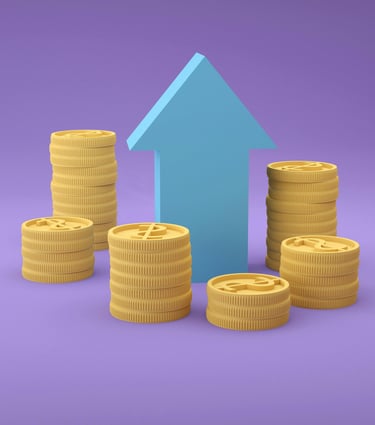 Stacks of gold dollar coins with a blue arrow pointing up to represent financial growth.