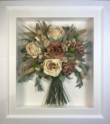 a side view preserved wedding bouquet with toffee roses