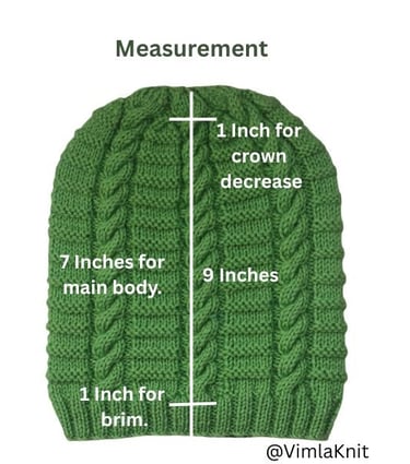  Handmade green cable beanie diagram indicating a 1-inch rib brim, 7-inch body length, and 1-inch for stitch decrease.