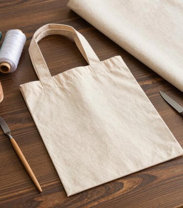 A smiling artisan stitching delicate embroidery onto a fabric bag in a cozy, sunlit workshop.