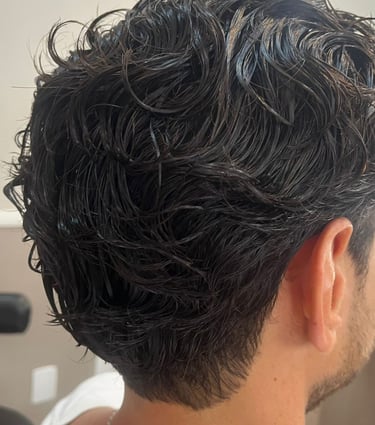 Back view of a man with short, dark curly hair styled with wet-look hair product.