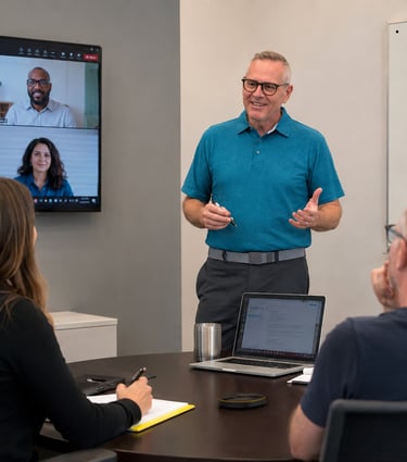 Doug leading a hybrid leadership training session with onsite and remote team members video call.