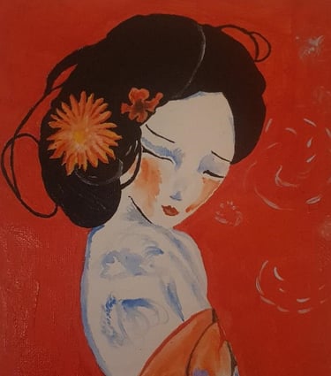 Ilustración para el libro 'Li Sao, la Hija del Gran Rio del Cielo' de Óscar Ocaña Parrón. Dama japonesa en lienzo rojo