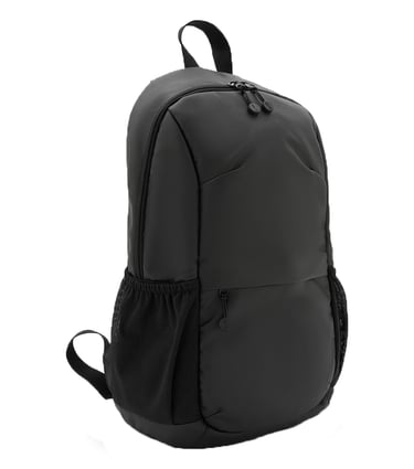 Sleek black minimalist laptop backpack with mesh side pockets and adjustable shoulder straps.