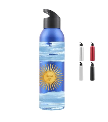 Blue insulated stainless steel water bottle with an Argentine flag sun design, ideal for travel and hydration.