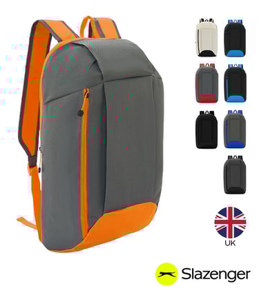 Slazenger grey and orange laptop backpack with multiple color options and UK flag logo.