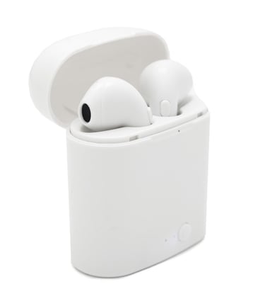 Pair of white wireless Bluetooth earbuds in a matching open charging case against a white background.