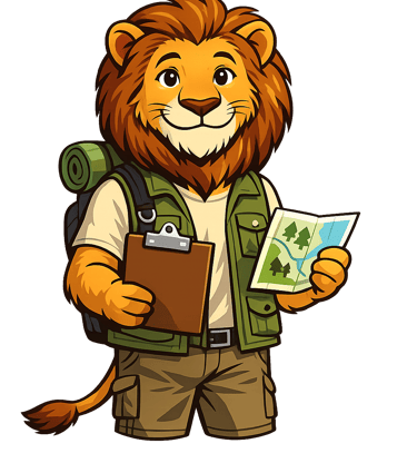 Cartoon lion in camping vest holding a map and clipboard, representing guidance for BALOO training.