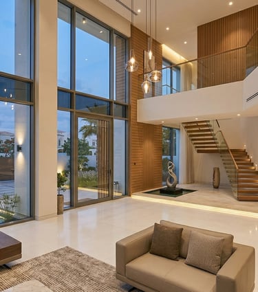 Luxury modern villa interior featuring a double-height living room with floor-to-ceiling windows and wood paneling.