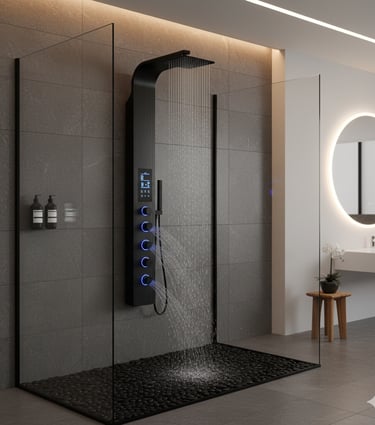 Modern black shower panel with rain shower head and massage jets in a luxury bathroom.