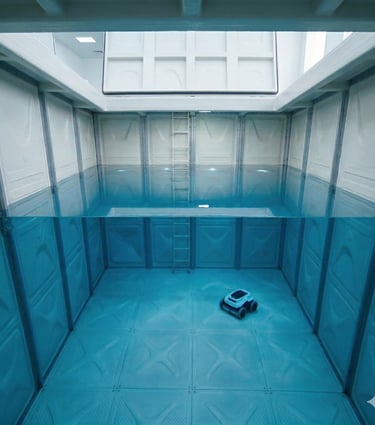 Automatic pool cleaner robot at the bottom of a deep water storage tank with clear blue water.