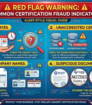 Red flag warning infographic showing common certification fraud indicators and suspicious certificate elements