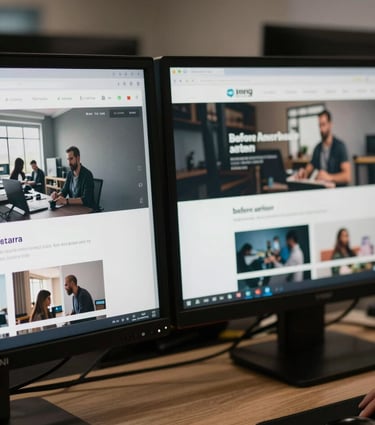 A photograph showing the 'before and after' of a website redesign project, displayed on two monitors in a professional North American / US setting.